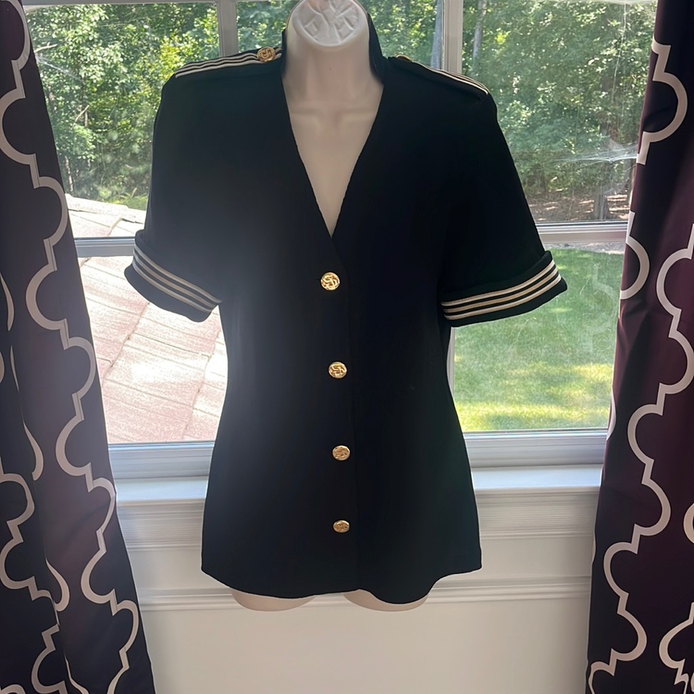 St. John navy and gold structured, knit sweater shirt.